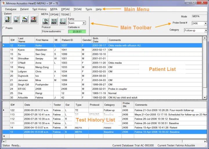 HearID Screenshot of Patient Database